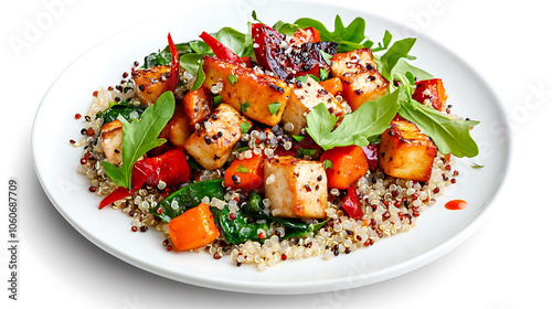 Quinoa salad with roasted vegetables, greens, and tofu cubes, vibrant colors