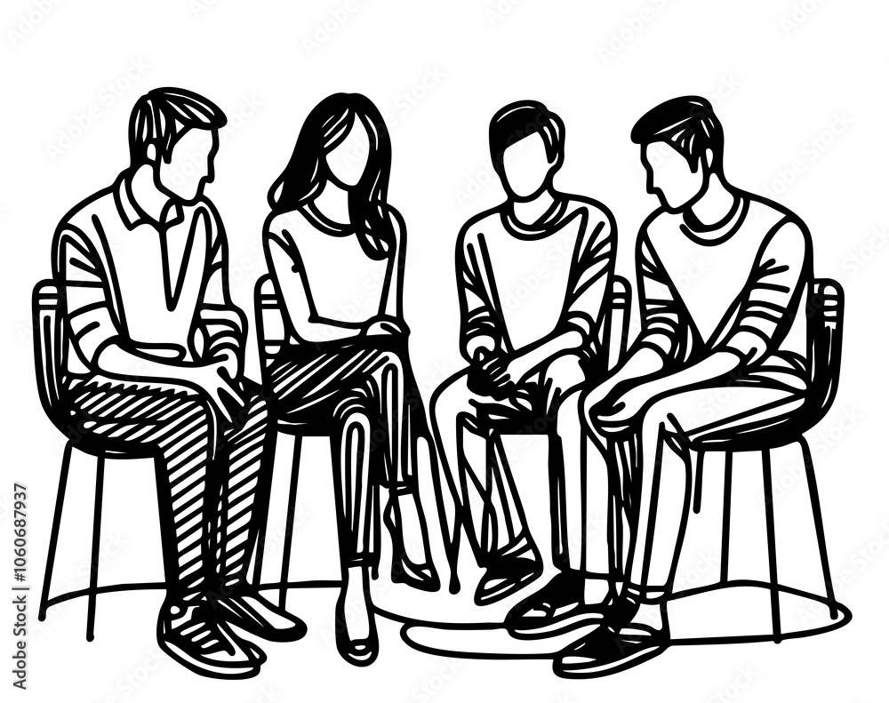 Fototapeta premium Psychology support, group therapy, four people sketch