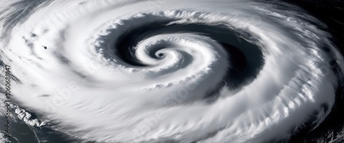 Spiral hurricane from space, massive storm system, swirling clouds, black and white satellite image, atmospheric vortex, extreme weather, eye of the storm, cosmic perspective, dramatic contrast, turbu photo