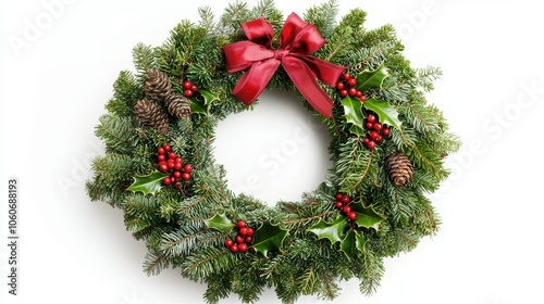 Create a festive atmosphere with a beautiful christmas wreath adorned with bows and berries