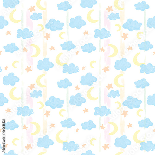Wallpaper Mural Watercolor drawings of stars, clouds and moon. Cute, seamless pattern Torontodigital.ca