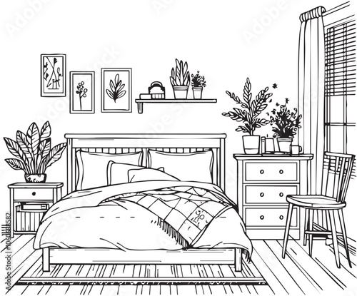 Linear sketch of an interior. Room plan. Sketch Line bedrooms
