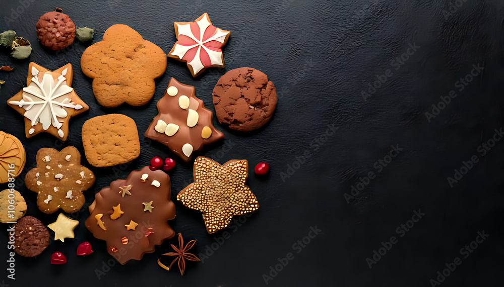 dark stone backdrop showcases variety festive holiday cookies top view dark stone backdrop showcases variety festive holiday cookies top view