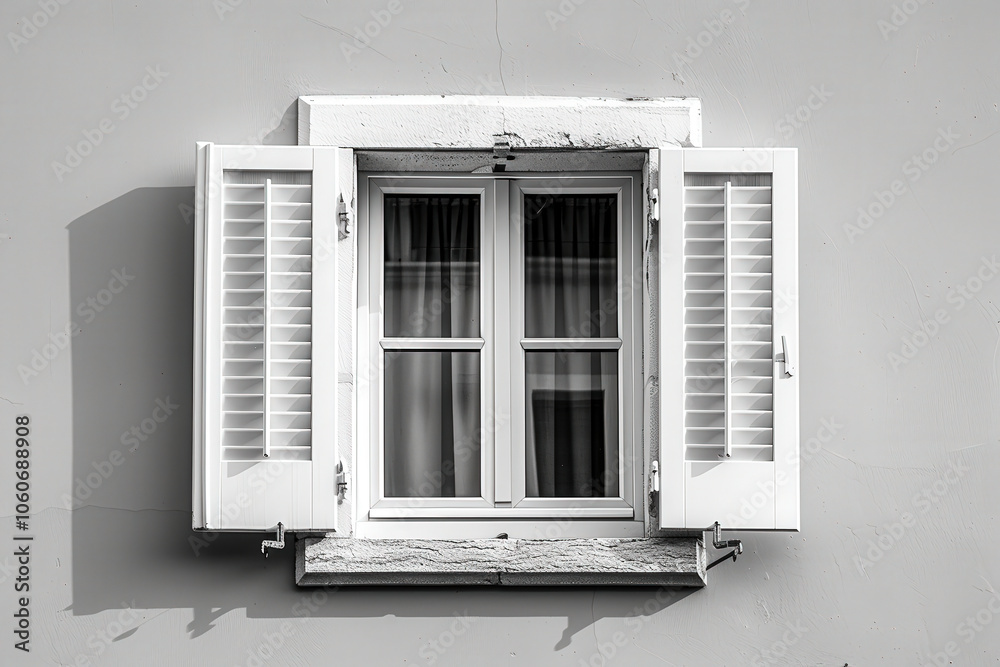 Fototapeta premium A classic white window with open shutters against a minimalist wall in a quaint setting, showcasing simplicity and charm