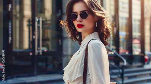 Business Style Casual Clothes: Beautiful woman in trendy business style casual clothes for meetings or parties. Features a fashion dress, high heels, sunglasses, and a leather bag