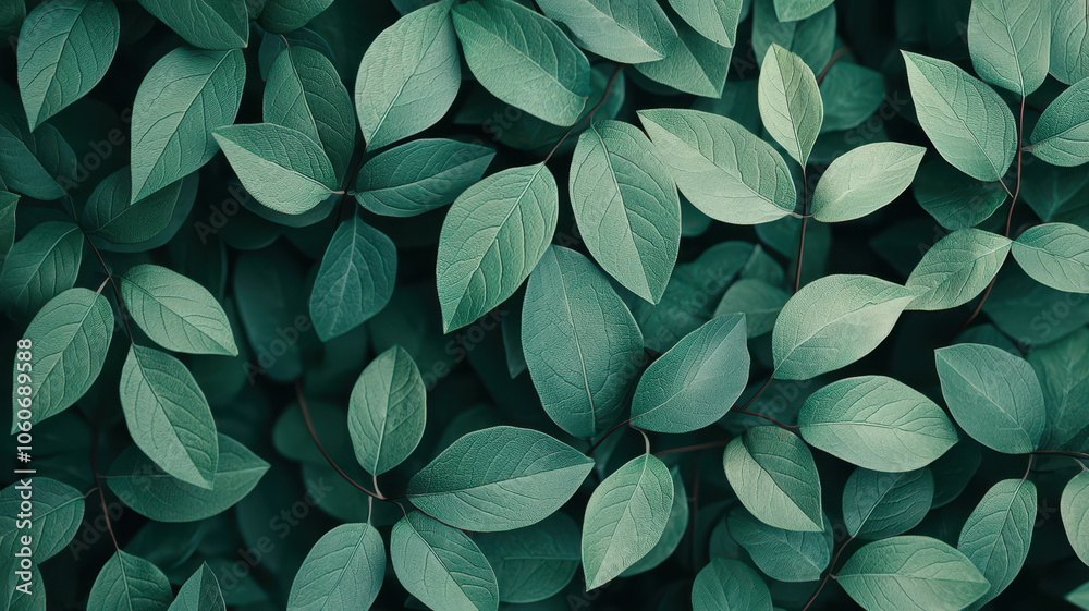 Lush green leaves in natural setting, creating serene atmosphere
