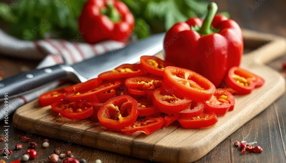 Cut peppers on a cutting board. There are knives next to the board. Cut peppers on a cutting board. There are knives next to the board.