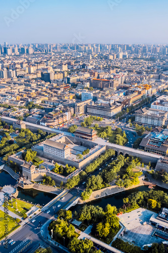 Photography Early morning aerial View of Yongning Gate, south gate of Xi'an City Wall, Shaan