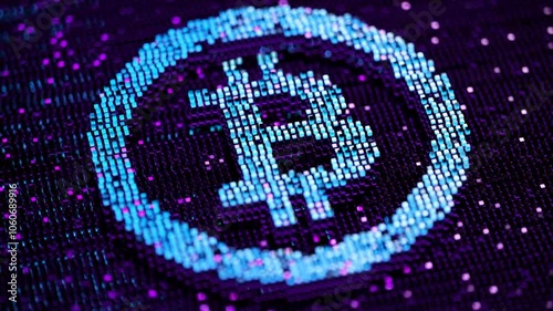 Abstract Representation Of Cryptocurrency Bitcoin Sign Made Out With Blue Shiny Moving Blocks Pixel Blockchain Icon Concept Of Technology Financefuture Network Digital Virtual Money 00:12 photo