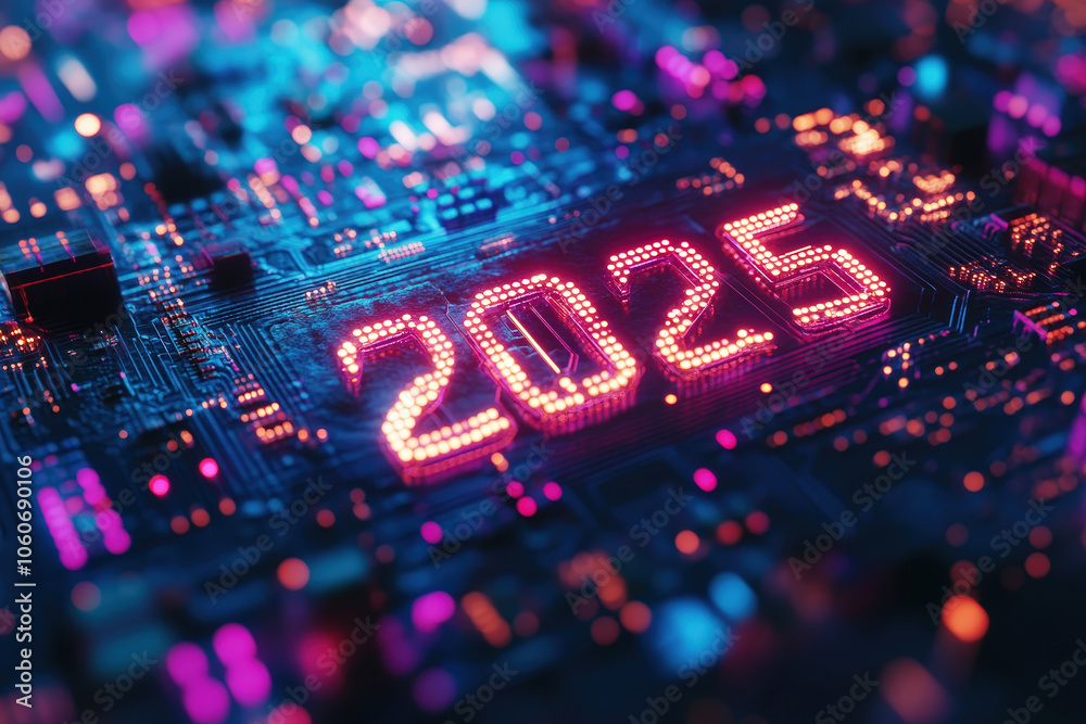 The circuit board features vibrant neon lights forming the year 2025, highlighting innovation and technology in a futuristic setting The circuit board features vibrant neon lights forming the year 2025, highlighting innovation and technology in a futuristic setting