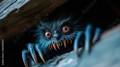 A creature peeks from a dark, weathered crevice, showcasing large, expressive eyes and sharp teeth, evoking a sense of intrigue and fear, Ideal for horror themes, storytelling, or fantasy design, photo