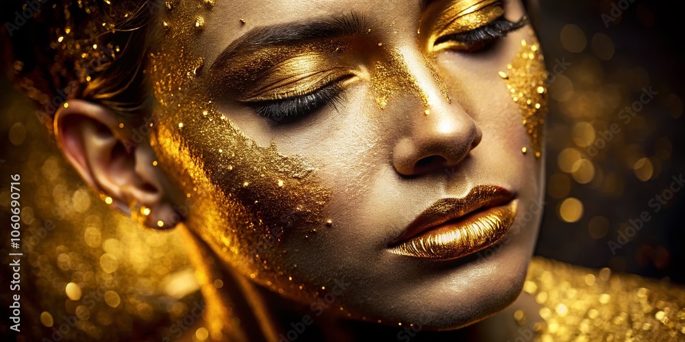 Radiant gold makeup drips in liquid metal allure, showcasing high depth of field and vibrant visuals, embodying beauty trends and luxurious artistry in colorful aesthetics. Radiant gold makeup drips in liquid metal allure, showcasing high depth of field and vibrant visuals, embodying beauty trends and luxurious artistry in colorful aesthetics.