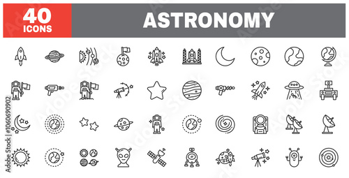 Set of 40 line icons astronomy. Outline icon collection. Editable stroke. Vector illustration.