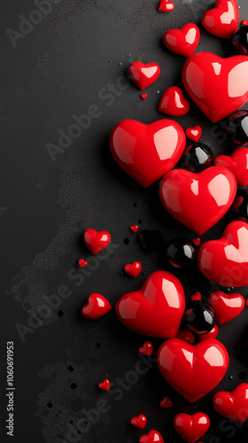 Glossy red and black hearts scattered on dark background create romantic and vibrant atmosphere, perfect for expressing love and affection