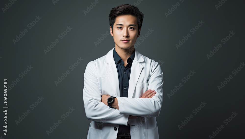 Man in white coat and black shirt standing with arms crossed in front of gray studio background. Man in white coat and black shirt standing with arms crossed in front of gray studio background.