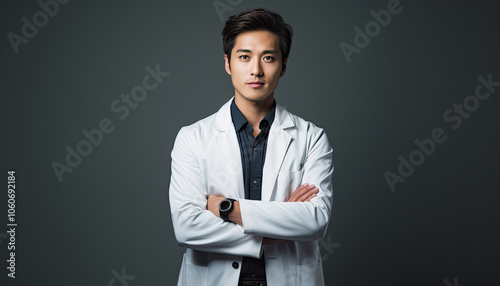 Man in white coat and black shirt standing with arms crossed in front of gray studio background.