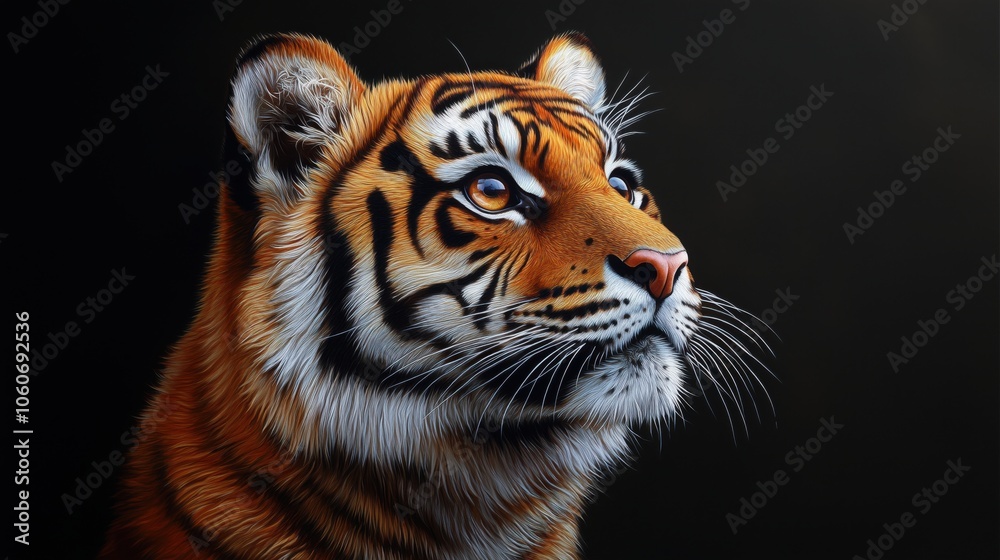 Tiger portrait on dark background with intense gaze