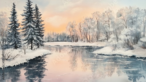 tranquil winter scene with a snow-covered landscape and a river. Tall trees line the banks and are reflected in the water. The pastel-colored sky enhances the peaceful mood, 16:9