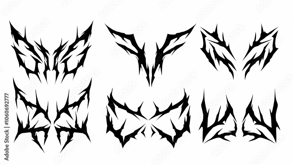 set of tribal style vector tattoo designs with sharp, symmetrical, and jagged patterns, creating a bold and edgy look. set of tribal style vector tattoo designs with sharp, symmetrical, and jagged patterns, creating a bold and edgy look.