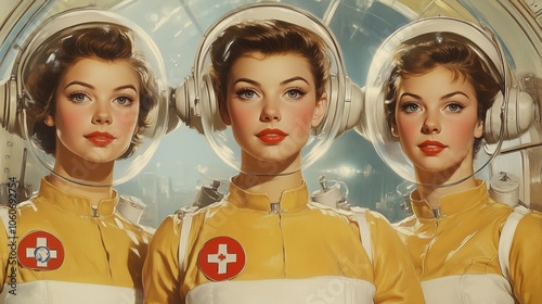 Fototapeta Naklejka Na Ścianę i Meble -  Retro space nurses with helmets in futuristic setting