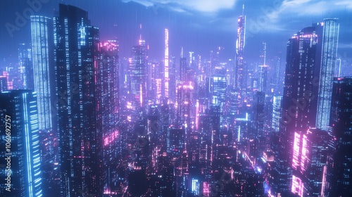 Neon Cityscape Under a Rain-Soaked Sky