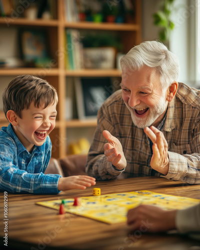 Grandpa and grandson are having fun playing a board game with the family and laughing