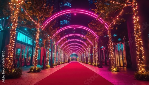 A vibrant red carpet illuminated by colorful lights creating a dazzling atmosphere