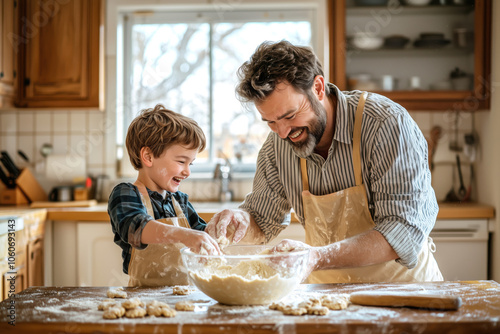 Father and son making cookie dough in a wooden kitchen, they laugh and enjoy life