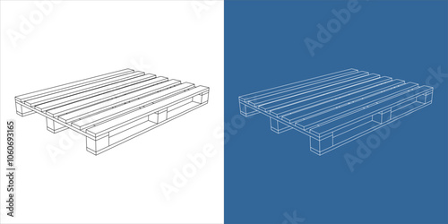 Wooden pallet isometric vector technical drawing blueprint line illustration isolated on transparent background.