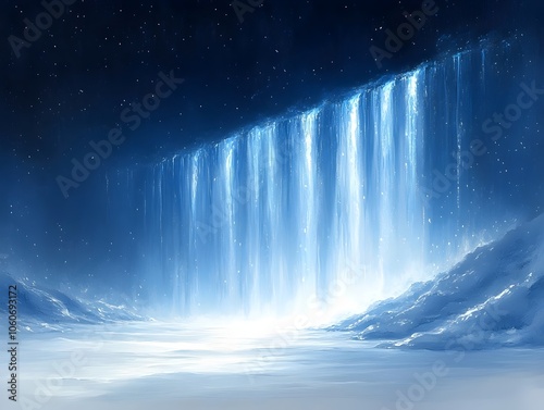 A breathtaking digital artwork of a surreal waterfall cascading into a tranquil icy landscape, illuminated by ethereal blue tones and sparkling stars in the night sky.