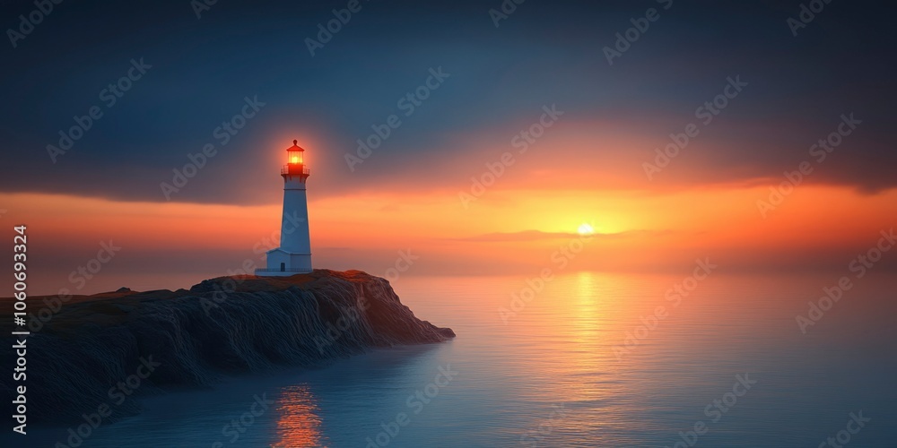 Illuminated Lighthouse on a Rocky Cliff at Sunset Illuminated Lighthouse on a Rocky Cliff at Sunset
