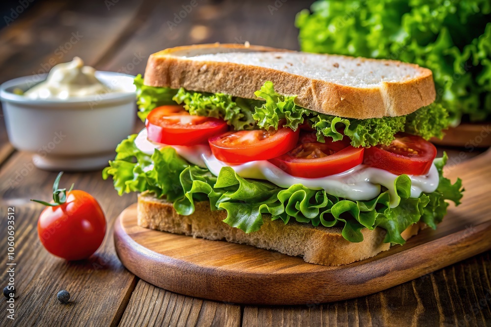 Indulge in a tasty sandwich stacked with fresh lettuce, succulent tomato, and creamy mayonnaise, perfect for a quick lunch or a delicious snack break. Indulge in a tasty sandwich stacked with fresh lettuce, succulent tomato, and creamy mayonnaise, perfect for a quick lunch or a delicious snack break.