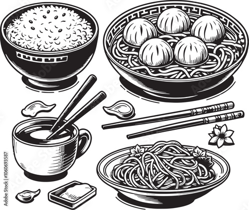 Chinese Food Outline Vector Illustration - Rice, Noodles & Dumplings