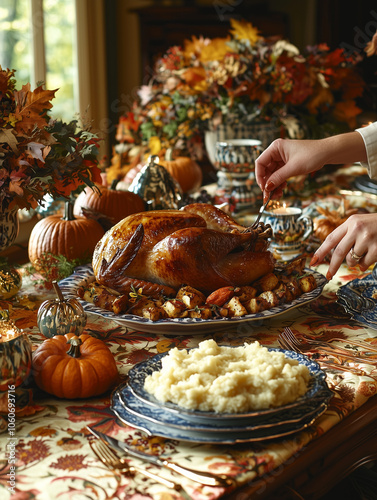 a family gathered around a table for a Thanksgiving or holiday meal