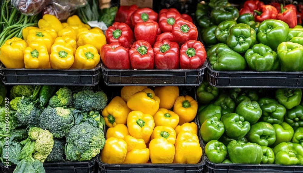 Colorful array of fresh peppers and broccoli in a grocery store produce section Colorful array of fresh peppers and broccoli in a grocery store produce section