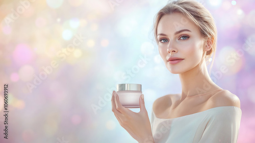 Beautiful female model middle-aged with healthy skin holds a jar of cream in her hand photo