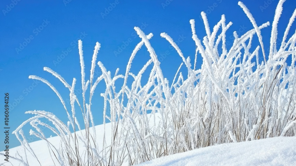 Obraz premium Cold, snowy grasses in front of a clear blue sky, symbolizing nature resilience in winter.