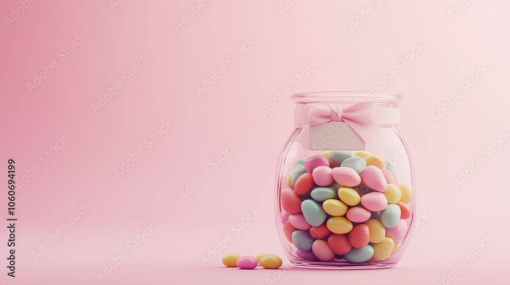 Elegant glass jar with pastel candy spheres and pink ribbon in minimal style with copy space Elegant glass jar with pastel candy spheres and pink ribbon in minimal style with copy space