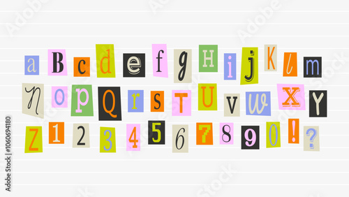 Collage font colorful cutout letters, cut pieces paper alphabet.Cuts from newspaper, anonymous message style. Vector set