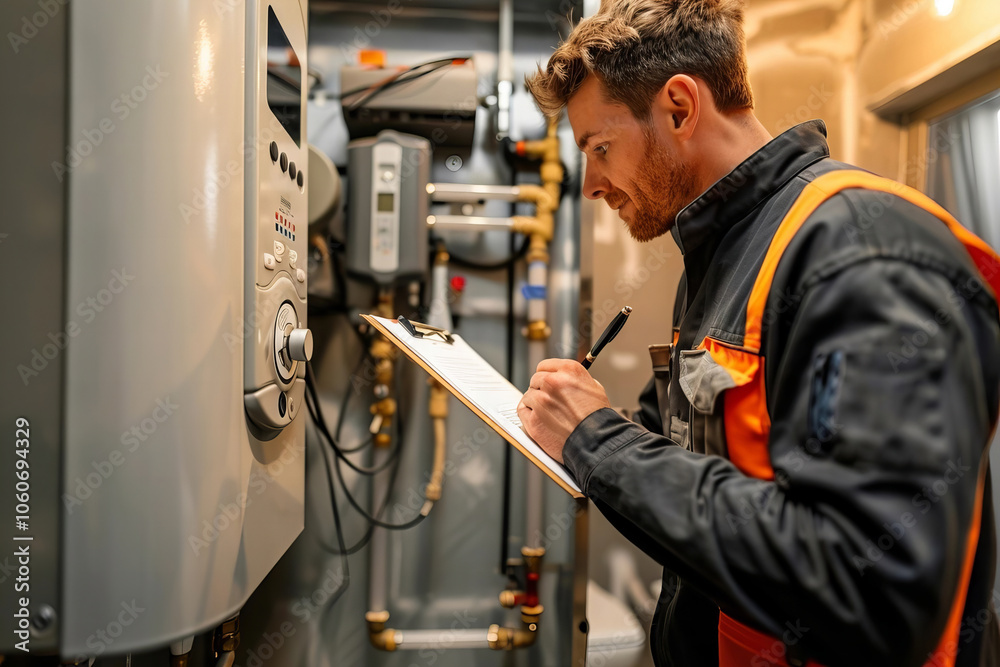 Man Employee Using Clipboard to Regulate Water Heater Temperature Man Employee Using Clipboard to Regulate Water Heater Temperature