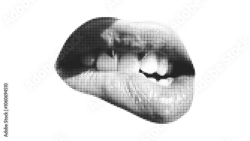 Contemporary art collage with female open mouth. Female halftone lips with tongue and piercing. Creative collage in Y2K style for social media, card, print on clothes.