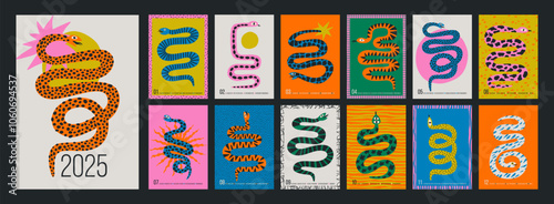Set of colorful hand draw Snakes.  Chinese New Year 2025. Trendy style.Vector illustration. Isolated