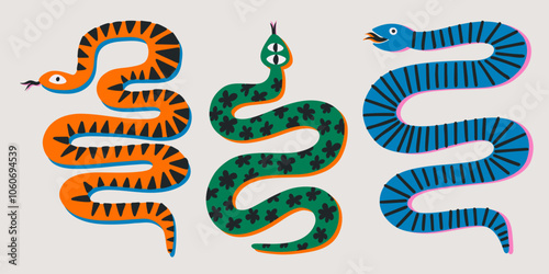 Set of colorful hand draw Snakes.  Chinese New Year 2025. Trendy style.Vector illustration. Isolated