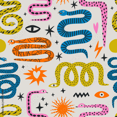 Seamless pattern of colorful hand draw Snakes.  Chinese New Year 2025. Trendy style.Vector illustration. Isolated