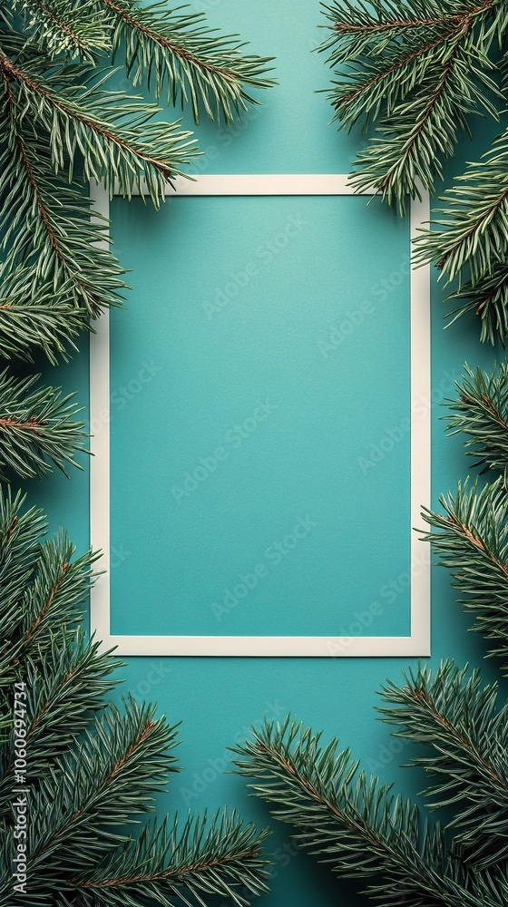 Festive pine branches around blank teal background Festive pine branches around blank teal background
