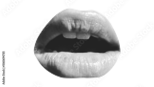 Contemporary art collage with female open mouth. Female halftone lips with tongue and piercing. Creative collage in Y2K style for social media, card, print on clothes.