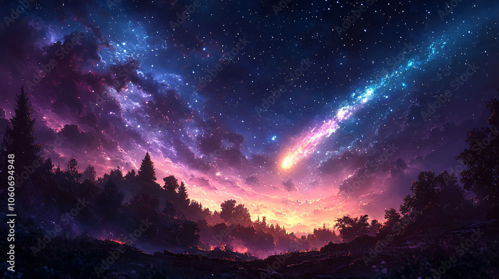 Naklejka premium A luminous comet streaks across a starry night sky, leaving a glowing trail of shimmering stardust. The scene is captured from a low-angle perspective,...