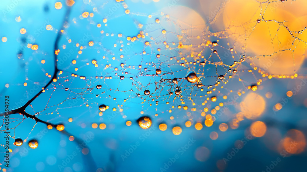 Close up of dewdrops on spiderweb, shimmering against blue background, creating magical atmosphere with soft bokeh lights Close up of dewdrops on spiderweb, shimmering against blue background, creating magical atmosphere with soft bokeh lights