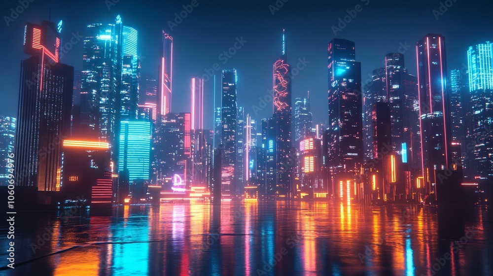 Cyberpunk Cityscape with Neon Lights Reflecting in Water Cyberpunk Cityscape with Neon Lights Reflecting in Water