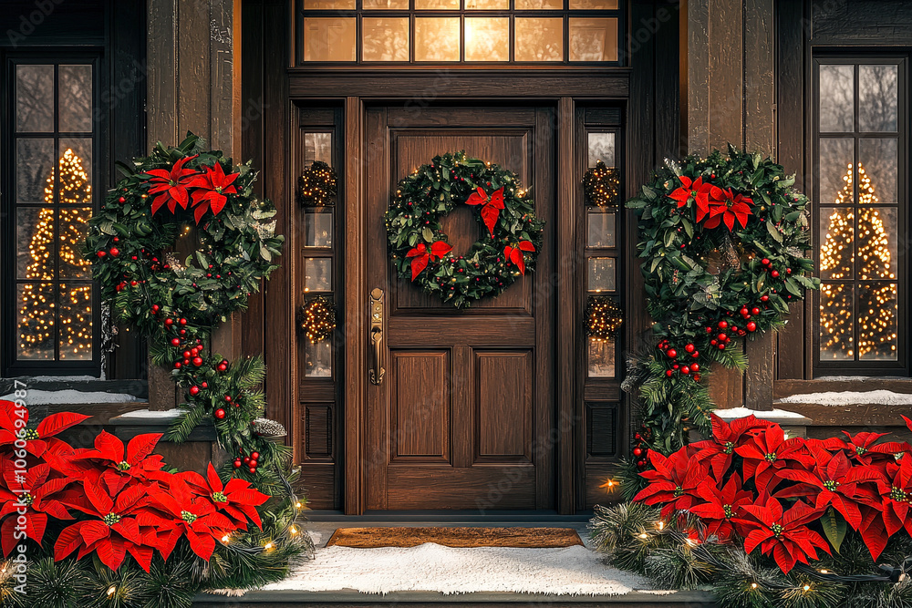 Naklejka premium Elegant front door decorated with festive wreaths and vibrant poinsettias, creating a welcoming atmosphere for the holiday season